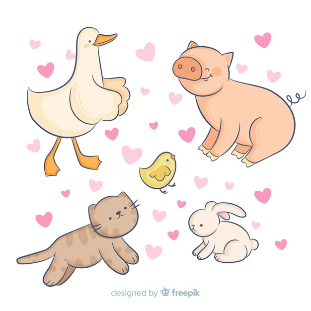 surrounded,adorable,duckling,fauna,wilderness,wildlife,kawaii,collection,wild,drawn,bunny,duck,hearts,group,flat design,natural,pig,flat,animals,cute,hand drawn,cat,animal,nature,hand,design