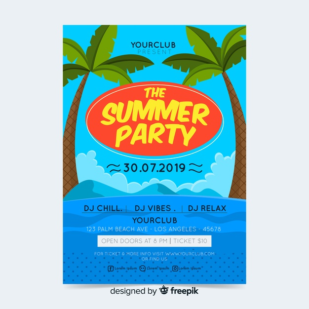 ready to print,parties,seasonal,rave,summertime,ready,paradise,enjoy,season,beautiful,print,vacation,palm,fun,palm tree,holiday,festival,tropical,layout,blue,template,summer,party,tree,poster,flyer