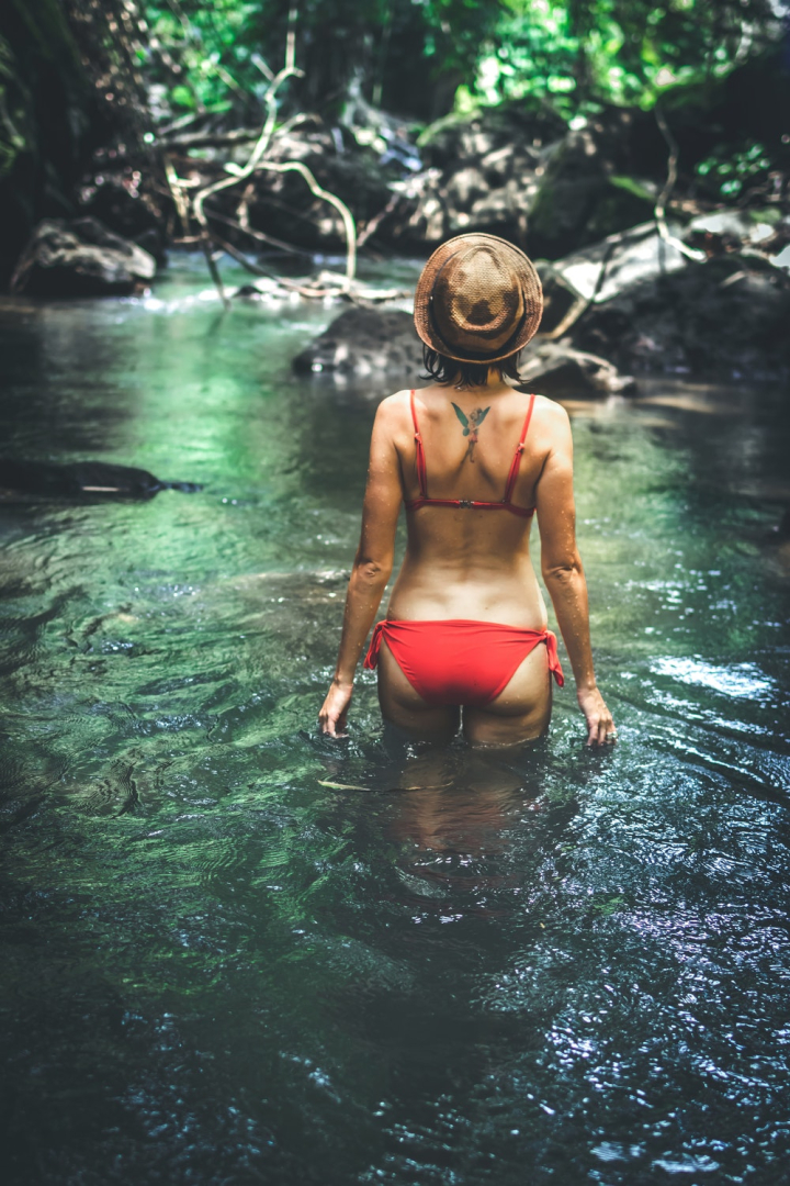 adventure,alluring,back view,bikini,environment,female,forest,natural,nature,rainforest,relaxation,seductive,sexy,skin,soak,standing,swimming,tattoo,tattooed,tropical,vacation,water,wet,woman,woods