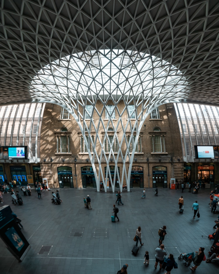 architecture,building,business,central london,commuter,crowd,fisheye,high angle shot,indoors,kings cross,london,london train station,people,subway system,tourism,tourist,train station,travel