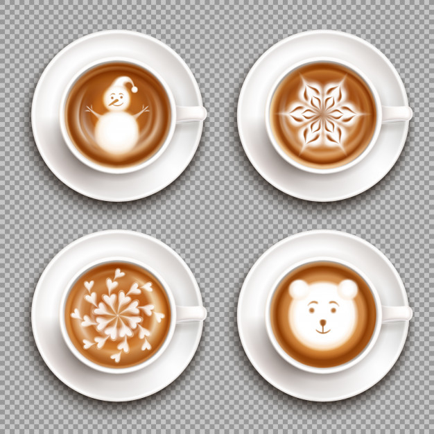 Free: Set of white cups with latte art top view isolated Free Vector 
