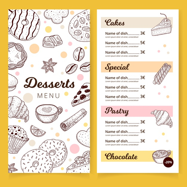 tasty,delicious,dishes,gourmet,drawn,special,pastry,cakes,dish,dessert,sweet,chocolate,hand drawn,cake,restaurant,template,hand,menu,food