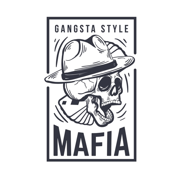 mobster,outlaw,hooligan,bandit,dangerous,mafia,gangster,scary,mascot,skeleton,skull,retro,badge,design,logo