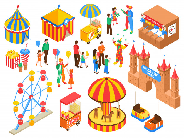 booths,trick,range,amusement,shooting,set,collection,joy,carousel,happiness,medieval,fast,air,cream,tent,clown,cart,popcorn,castle,park,cars,ice,ship,isometric,circus,balloon,graphic,happy,comic,design,food