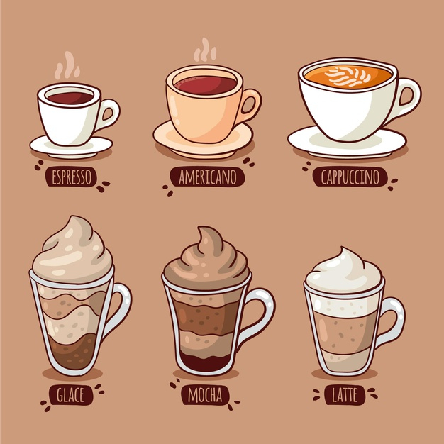 Coffee cups different cafe drinks types espresso Vector Image