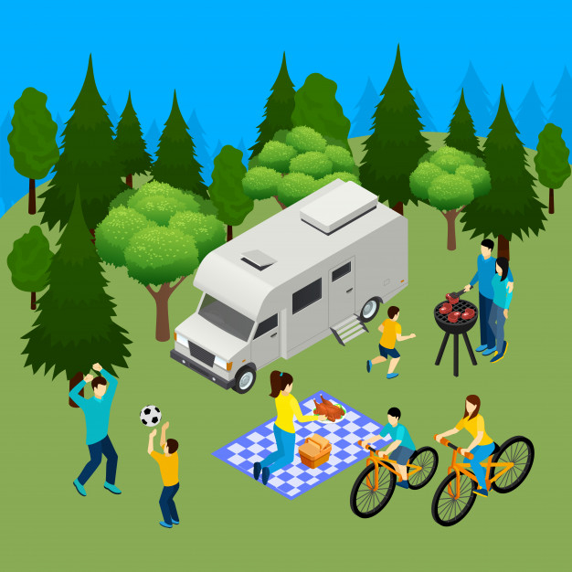 son,recreation,camper,mat,leisure,wildlife,playing,parent,caravan,countryside,activity,weekend,meal,vehicle,outdoor,lunch,van,grill,picnic,father,barbecue,pine,fun,ball,camping,cooking,isometric,bicycle,mother,grass,forest,nature,design,food