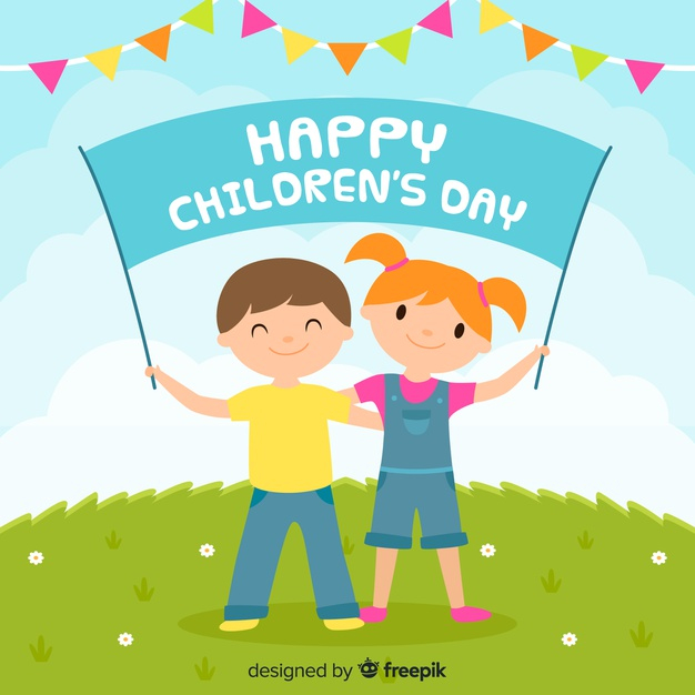 Free: Flat children's day with banner and garlands Free Vector 