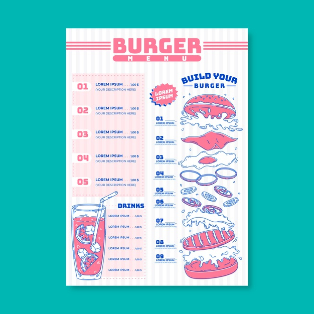 ready to print,tasty,ready,yummy,delicious,beverage,ingredients,drawn,special,snack,special offer,print,drink,burger,offer,hand drawn,template,hand,menu,food