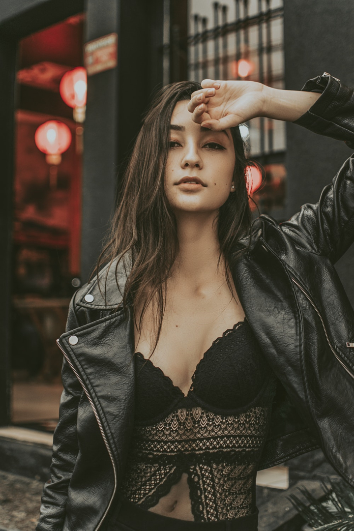 alluring,attractive,beautiful,beauty,black leather jacket,blur,bokeh,daytime,depth of field,eyes,facial expression,fashion,fashionable,female,focus,lady,model,outdoors,outfit,outside,person,photoshoot,pose,posing,posture,pretty,sexy,style,stylish,wear,woman