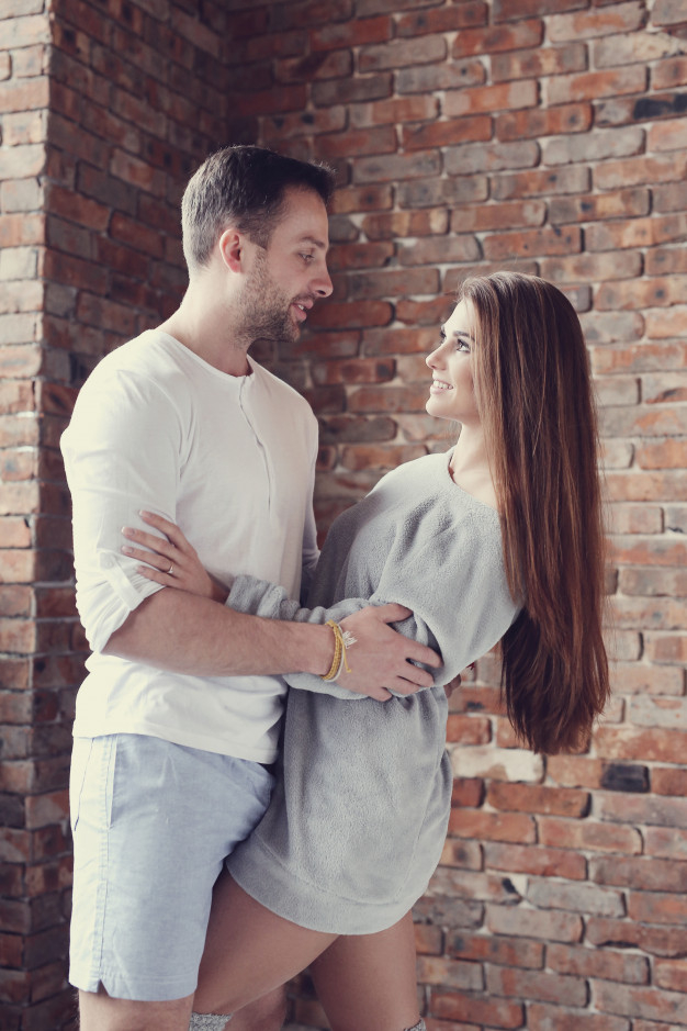 Loving Couple Hugging Her Waist Close Stock Photo 464009456