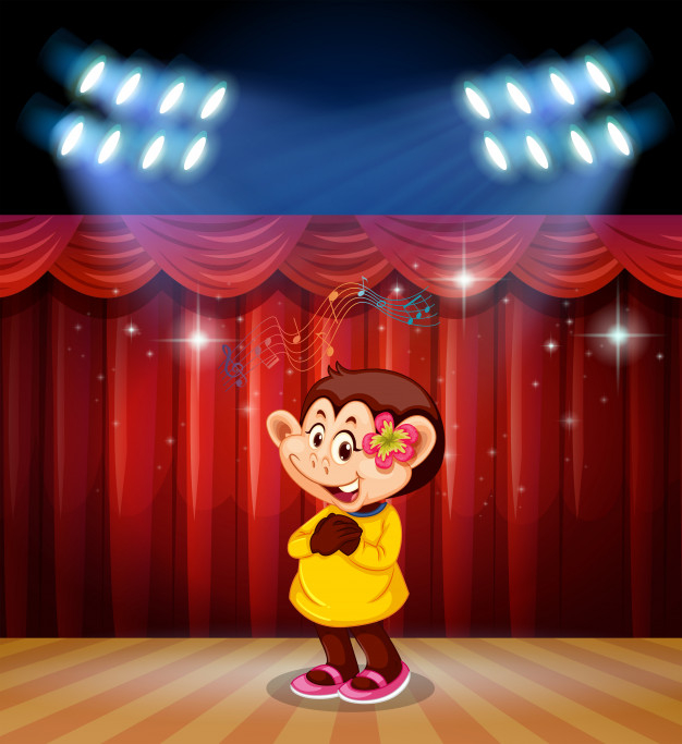 perfor,limelight,mammal,perform,cheerful,ape,performance,sing,singer,fun,curtain,dress,stage,monkey,shoes,note,happy,smile,cute,animal,cartoon,character,nature,music,flower
