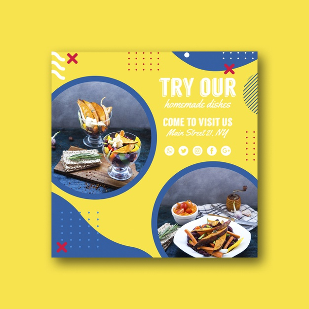 foodstuff,tasty,delicious,style,eat,modern,memphis,yellow,square,colorful,shapes,retro,blue,restaurant,template,card,cover,abstract,vintage,food,banner