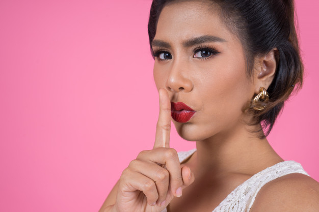 free-beauty-asian-woman-red-lips-and-finger-showing-hush-silence-sign