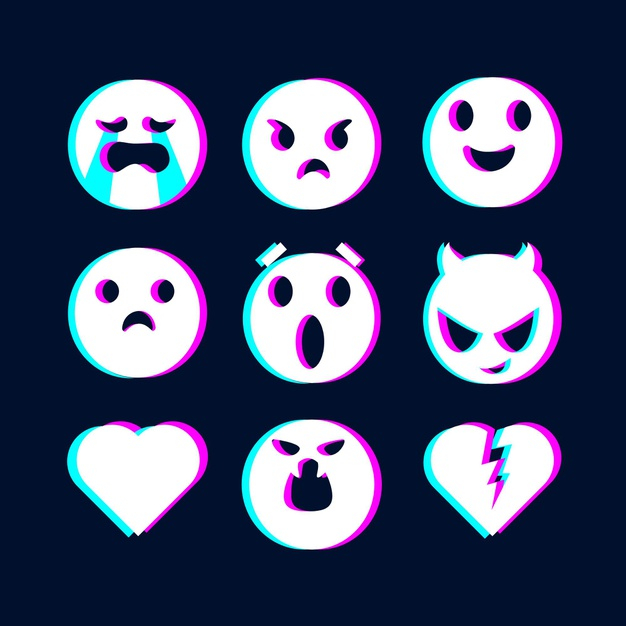 simle,emote,glitch,set,emojis,collection,pack,expression,emotion,angry,sad,message,smiley,illustration,emoticon