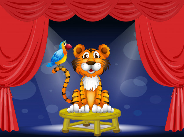 centerstage,limelight,entertainer,feline,entertain,performer,perform,whiskers,act,acting,tail,ears,center,nose,parrot,bill,young,wooden,show,spotlight,beard,tiger,curtain,mouth,eyes,stage,wings,feather,circus,lion,table,animal,bird,cartoon,crown,baby