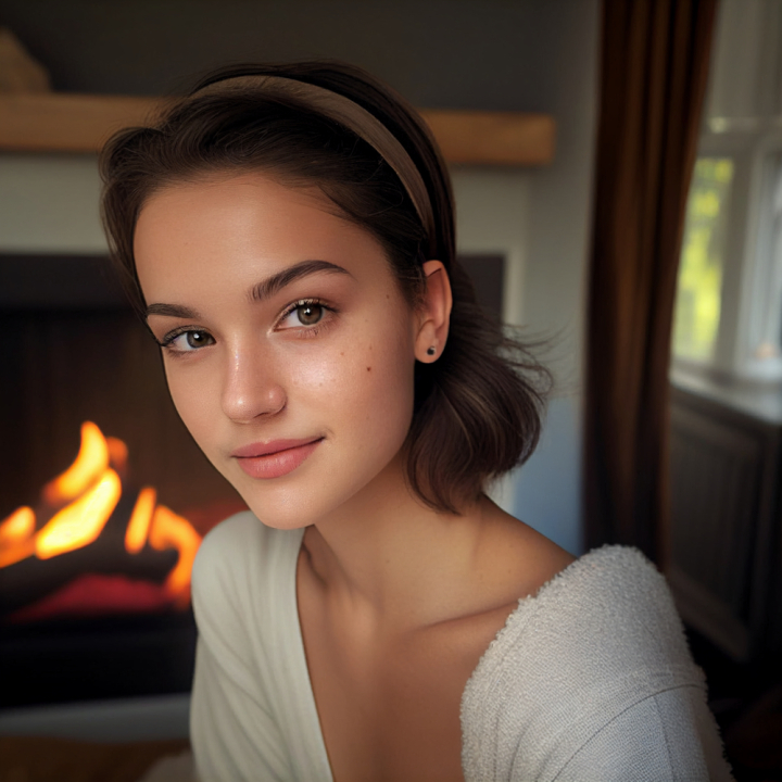woman,beautiful,ai generated,midjourney,short brunette hair,selfie,girl,young,21 year old,smiling,fireplace,warm,face generated by ai,portrait,profile picture