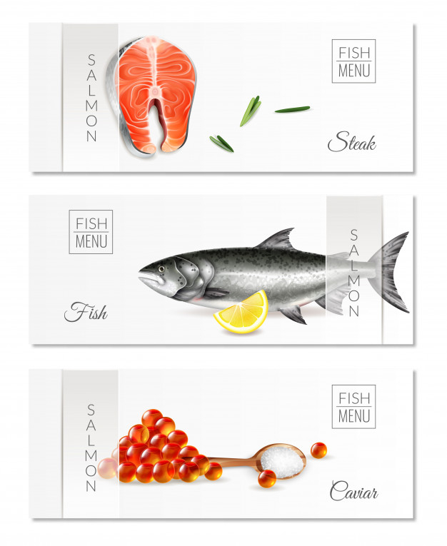 Free: Realistic set of three horizontal banners with fish menu salmon steaks  and caviar isolated Free Vector 