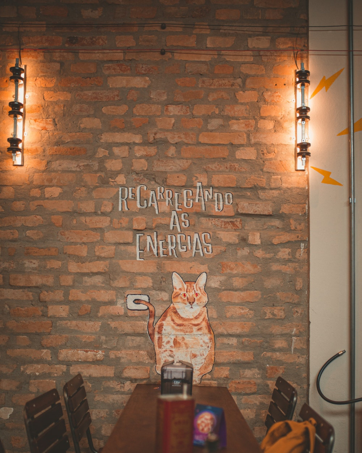 art,brick wall,cat,chairs,contemporary,decoration,design,furniture,furnitures,graphic,indoors,inside,interior decoration,interior design,lamp,light,painting,restaurant,retro,room,table,wall,wood