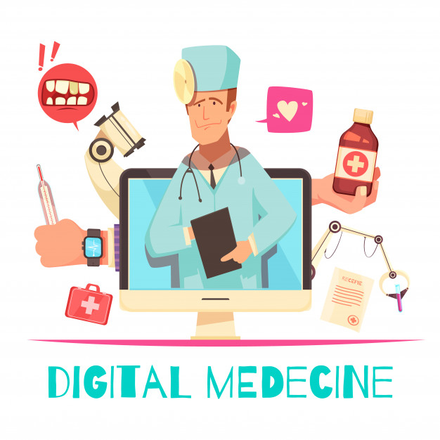 Free: Digital medicine composition with online consultation and recipe  x-ray and lab equipment cartoon illustration Free Vector 
