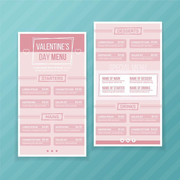 ready to print,starters,mains,ready,desserts,romance,beverage,day,meal,romantic,valentines,diet,print,drinks,flat design,flat,valentine,valentines day,celebration,restaurant,template,design,love,menu,food