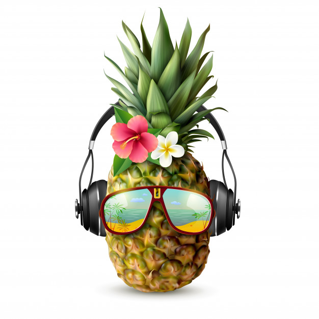 ripe,fashionable,refreshment,juicy,accessory,exotic,treatment,realistic,set,delicious,collection,concept,fresh,eating,nutrition,headphones,funny,vacation,pineapple,healthy,natural,organic,plant,glasses,tropical,fruit,sun,sea,beach,nature,flowers,party,music,food