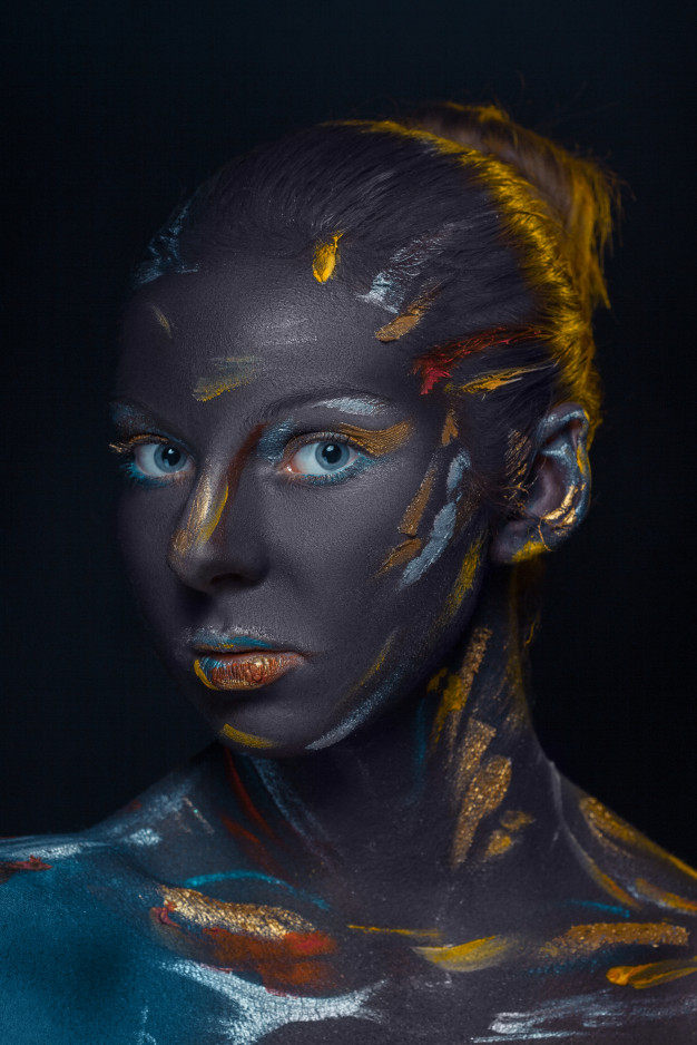 colorful strokes,bodyart,bodypainting,closeup,strokes,looking,adult,artistic,portrait,expression,beautiful,fantasy,young,female,model,shine,cosmetics,body,creative,person,makeup,carnival,colorful,color,art,paint,fashion,woman