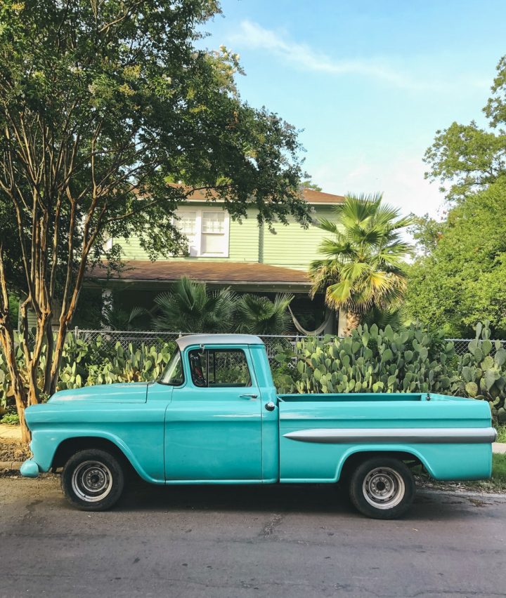 chevy,classic car,color,colour,home,house,old car,parked,pickup,pickup truck,plants,retro,road,side view,teal,transportation,transportation system,trees,vehicle,vintage car