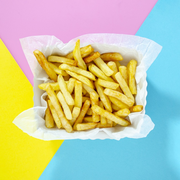 lay,salty,squared,calories,tasty,potatoes,flat lay,fries,french,french fries,colourful,salt,fast,energy,flat,yellow,colorful,pink,blue,box,restaurant,food,background