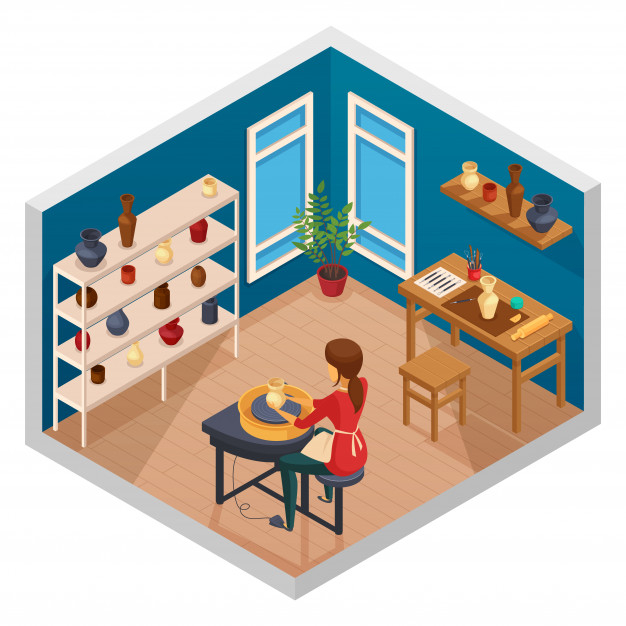 Free: Art studio isometric interior with workspace of female pot maker with  finished handmade products on shelves vector illustration Free Vector -  