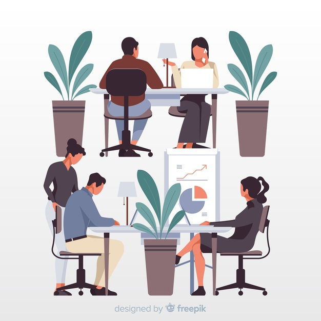 sitt,desks,illustrated,artwork,artistic,activity,workers,sitting,characters,young,group,illustration,colors,colorful,work,art,office,design,people
