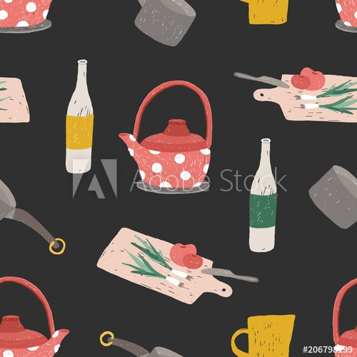 Seamless pattern with kitchen utensils. Cooking tools for home and