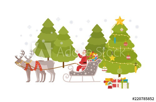 happy,santa,claus,sit,sleigh,carried,ride,snowy,forest,christmas,eve,deliver,gift,children,adorable,bauble,bearded,bright,carry,cartoon,character,cheerful,christmas eve,coloured,colourful,cute,decorated,decoration,cervid,design element,festive,fir,flat,funny,gift,greet,holiday,illustration,isolated,male,man,person,pile,present,reindeer,ride,adobestock