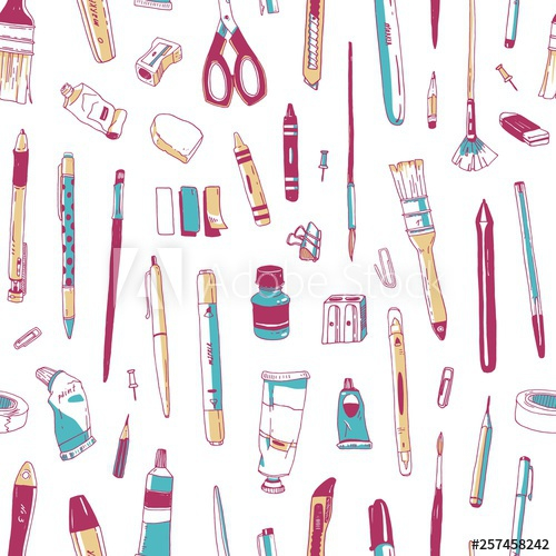 Seamless Pattern Of Gadgets And Office Supplies. Hand-drawn