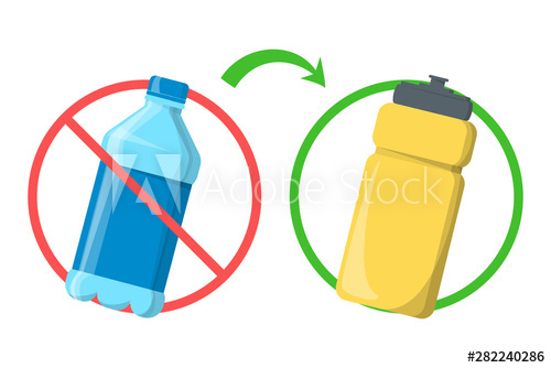 Reusable water bottles set - zero waste tips - reduce plastic waste  illustration - ecological green alternative to plastic bottles Stock Vector