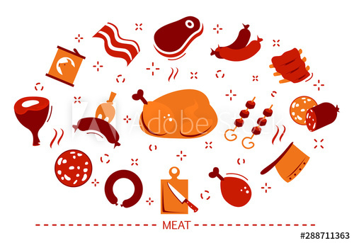meat,concept,icon,bacon,beef,vector,food,pork meat,set,sausage,ham,lamb,chicken,salami,signs,steak,symbol,bar-b-q,eat,hamburger,pig,protein,eatery,tasty,turkey,illustration,cold,roast,cow,boiled,cook,cut,fillet,flat,hen,chop,leg,salmon,black,graphic,white,grilled,isolated,design,hot,adobestock