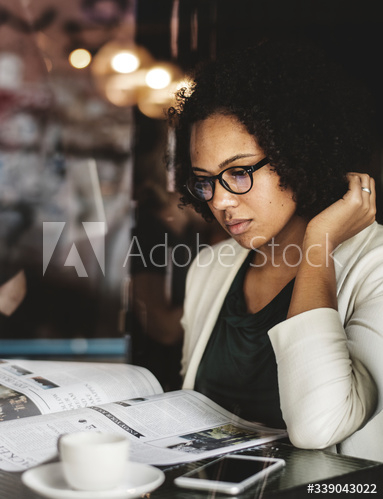 businesswoman,cafes,african,african american,afro,alone,beautiful,black,blazer,break,breakfast,business,checking,hot drink,coffee cup,cafes,economical,financial,focusing,free,goggles,global,green,interest,lunch break,morning,news,newspaper,phone,political,pretty,quiet,reading,relaxed,relaxing,eatery,silent,solo,waiting,woman,adobestock