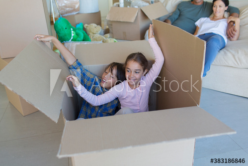 brother,sister,play,cardboard,box,woman,man,girl,boy,adult,children,mid,mature,elementary,preteen,mixed race,caucasian,brazilian,together,lifestyle,domestic life,smile,indoor,day,people,4,group,adobestock