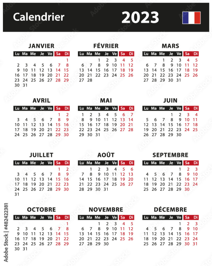 2023,calendar,france,fr,april,august,background,colours,copy,space,white,december,design element,event,flat,grey,holiday,illustration,isolated,jan,july,june,may,modern,mon,day,month,november,october,planning,red,september,sunday,vector,white background,year,editable,template,flag,french,adobestock