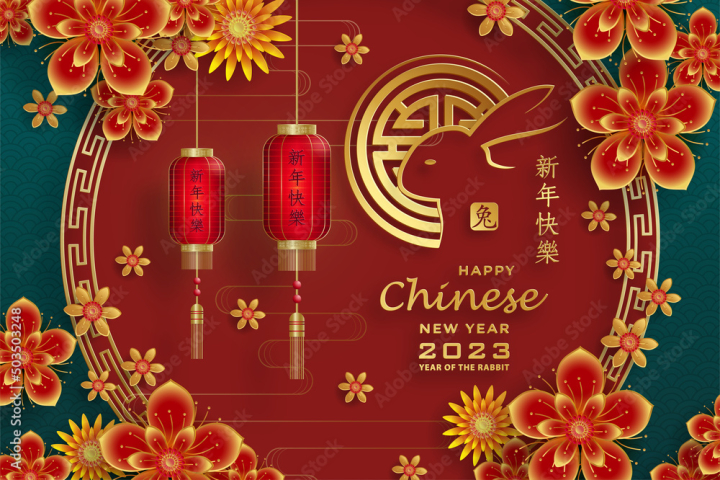 Happy Chinese New Year 2023 Year Of The Rabbit Zodiac Sign With  Flower,lantern,asian Elements Gold Paper Cut Style On Color Background.  (Translation : Happy New Year) Royalty Free SVG, Cliparts, Vectors, and