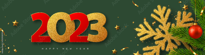 Free: 2023 Happy New Year banner. Glitter golden snowflake with tinsel,  pine branches, red bauble and glitter numbers on green background. Vector  illustration. 
