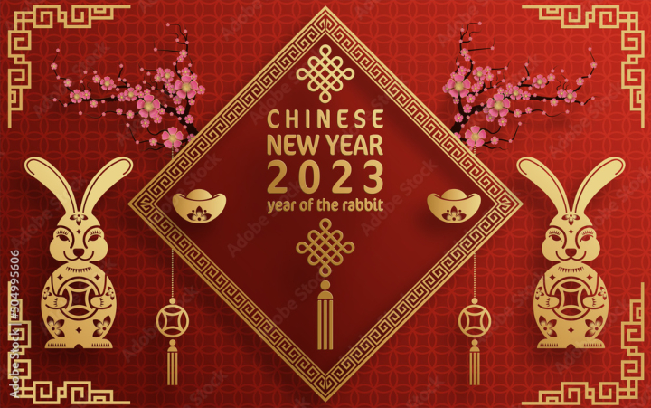 Chinese New Year 2023 Of The Rabbit Golden Ornament On Red Background