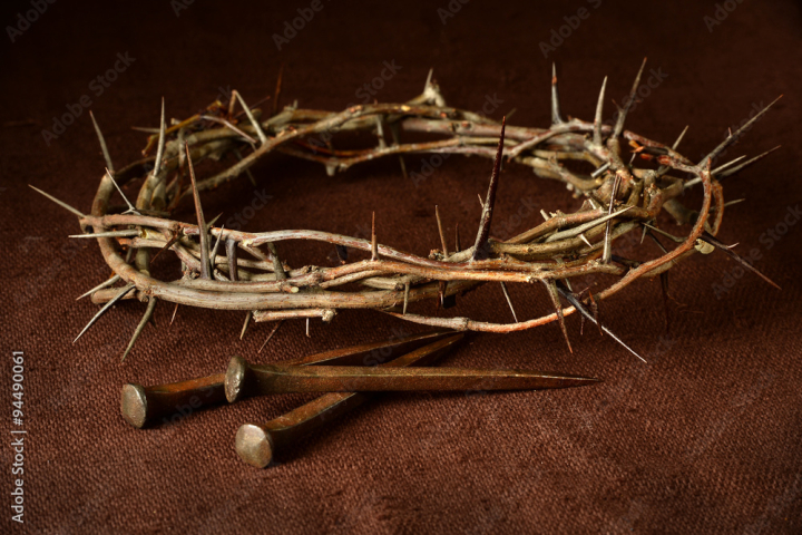 He is Risen. Jesus Crown Thorns and nails and cross on a wood background.  Easter Day Stock Photo by StiahailoAnastasiia
