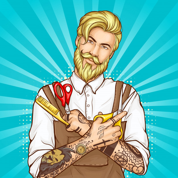 haircutter,halflength,bearded,blond,serious,accessory,hold,striped,dotted,equipment,look,instrument,saloon,comb,male,barbershop,portrait,apron,tool,ad,hairstyle,professional,pop,hairdresser,salon,promo,scissors,beard,barber,promotion,smile,tattoo,hipster,art,retro,beauty,cartoon,blue,man,hand,vintage