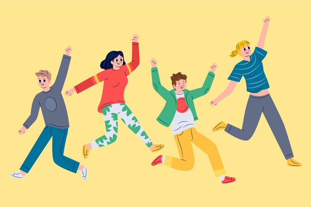 citizens,cheerful,population,jumping,society,characters,young,youth,group,fun,illustration,friends,flat,design,people