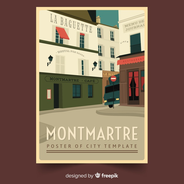 montmartre,ready to print,ready,promotional,print,tourism,decorative,buildings,street,architecture,retro,template,city,travel,vintage,poster,flyer