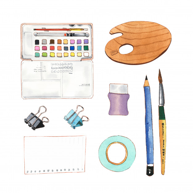 vibrant,painting brush,eraser,collection,drawn,notepad,tape,painting,pencil,brush,hand drawn,hand,school
