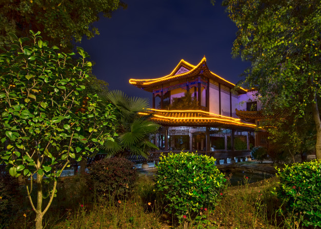 scenic,exterior,sightseeing,outside,outdoors,scene,landmark,scenery,roof,temple,traditional,culture,plants,trees,lights,night,architecture,landscape,house,wood