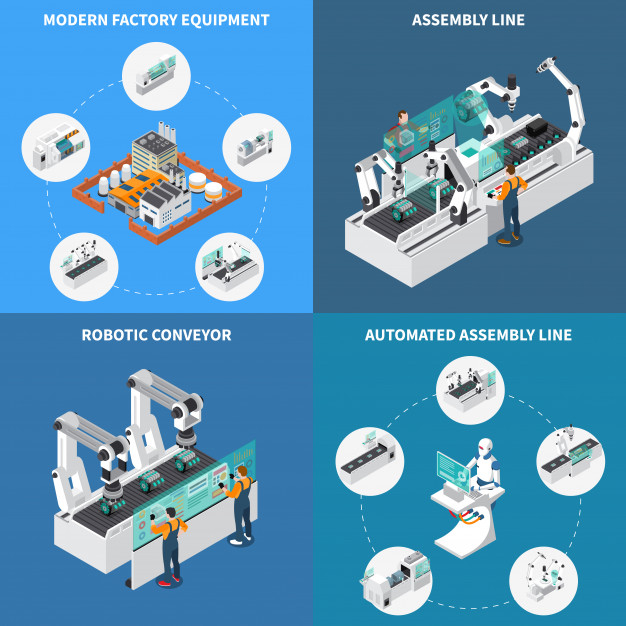 Isometric robotics workshop background Royalty Free Vector