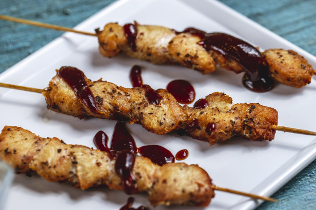 skewers,grilled,seasoning,sauce,meal,recipe,grill,barbecue,bbq,meat,chicken,food