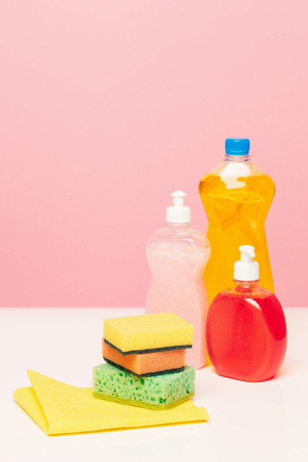 Sanitary,detergent Bottles and Sponges Closeup.Group of Household